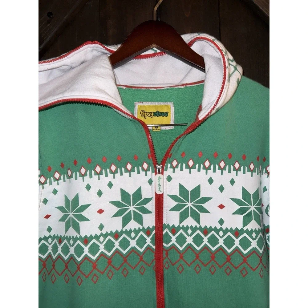 Tipsy Elves One Piece Zip Up Unisex‎ S Hooded Christmas jumpsuit Red Green Snow